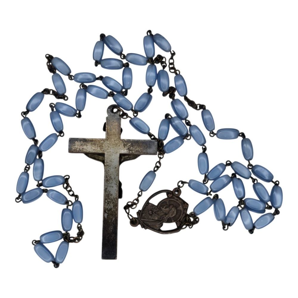 Vintage Catholic Rosary Light Blue Glass Beads Metal Crucifix Prayer Necklace - Picture 6 of 8